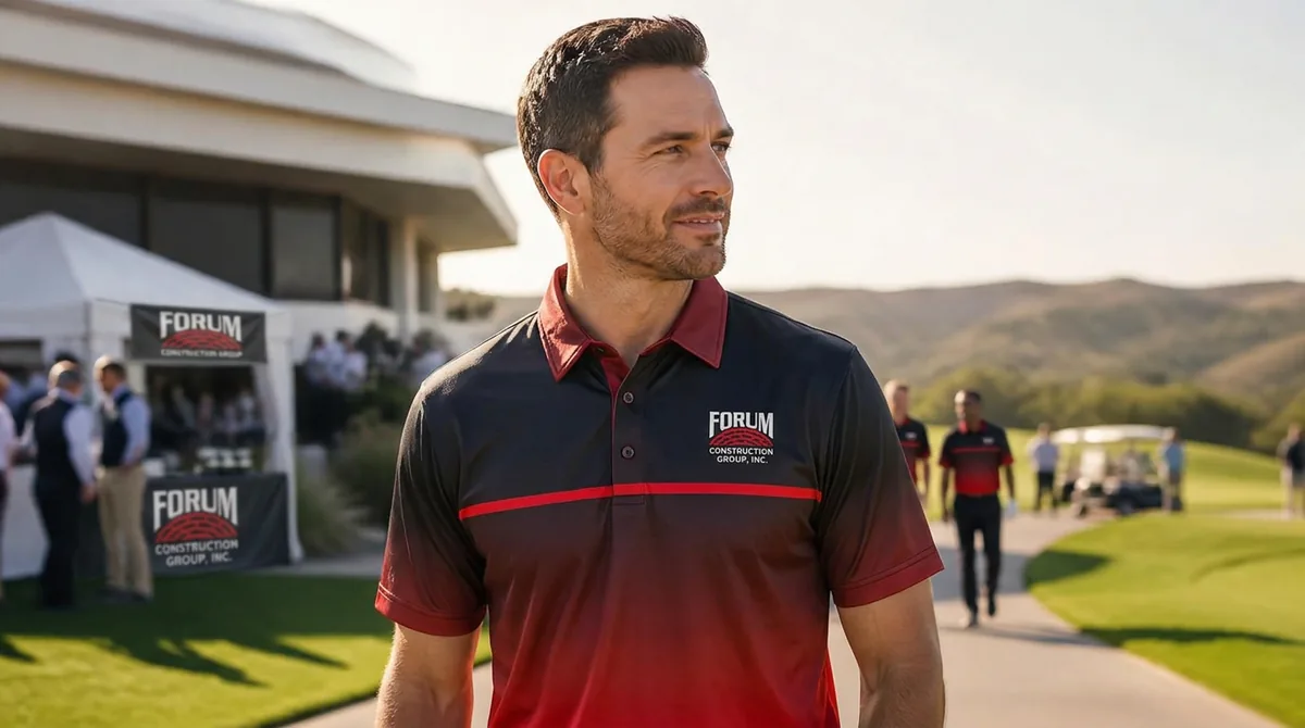 Man wearing a fully custom sublimated Forum Construction Group performance polo at a company golf tournament