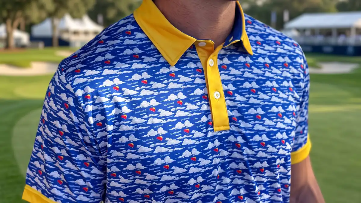 Custom Southwest Airlines golf polo with all-over cloud pattern worn at a corporate golf tournament
