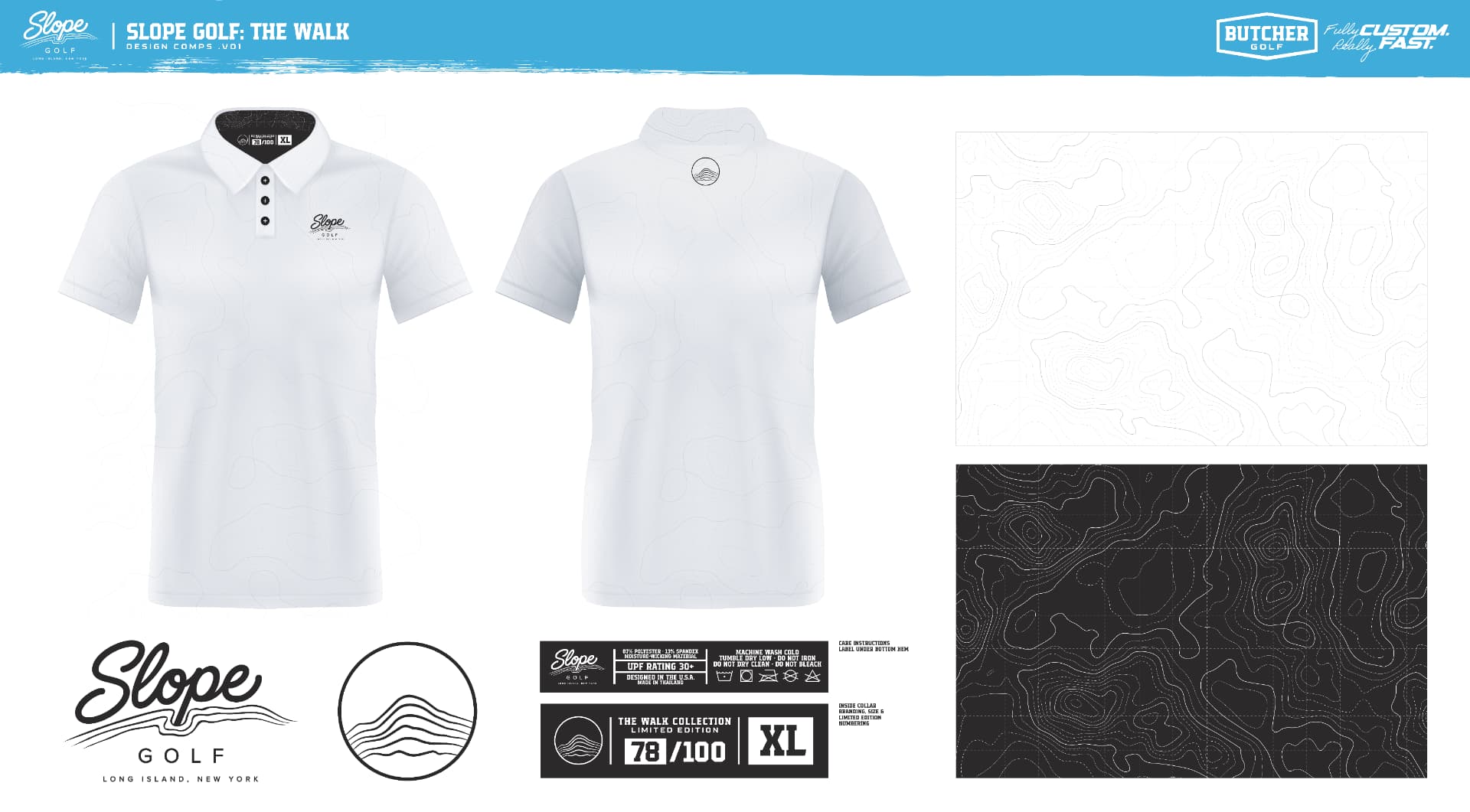 Slope Golf supplied design comp: front and back polos, pattern swatches and branding artwork