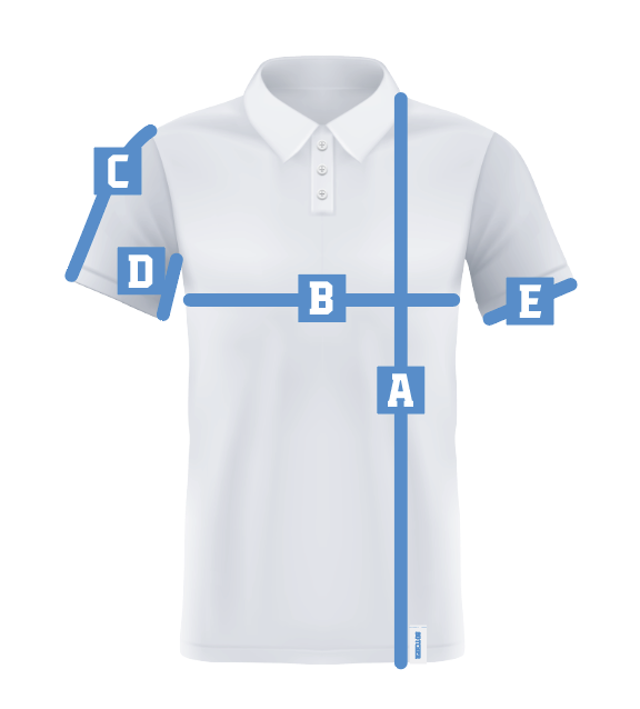 Men's performance polo measurement diagram with A through E callouts