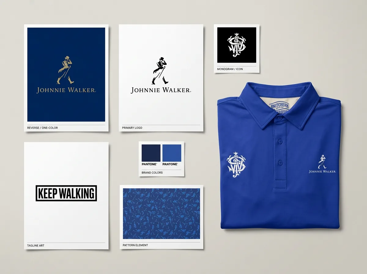 Apparel brand asset kit: primary logo, reverse one-color logo, monogram icon, tagline lockup, Pantone brand color chips, pattern element, and a finished custom polo.