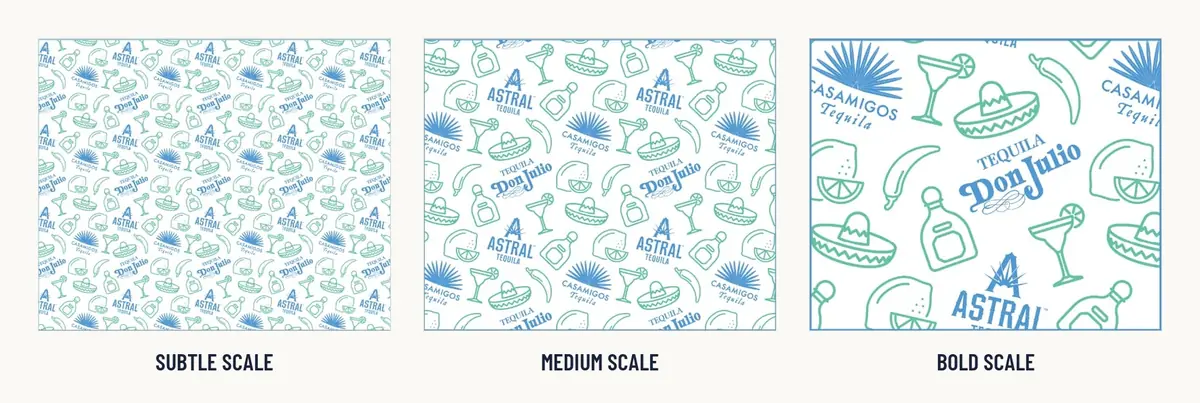 The same brand motif shown at subtle, medium, and bold scales, each labeled.