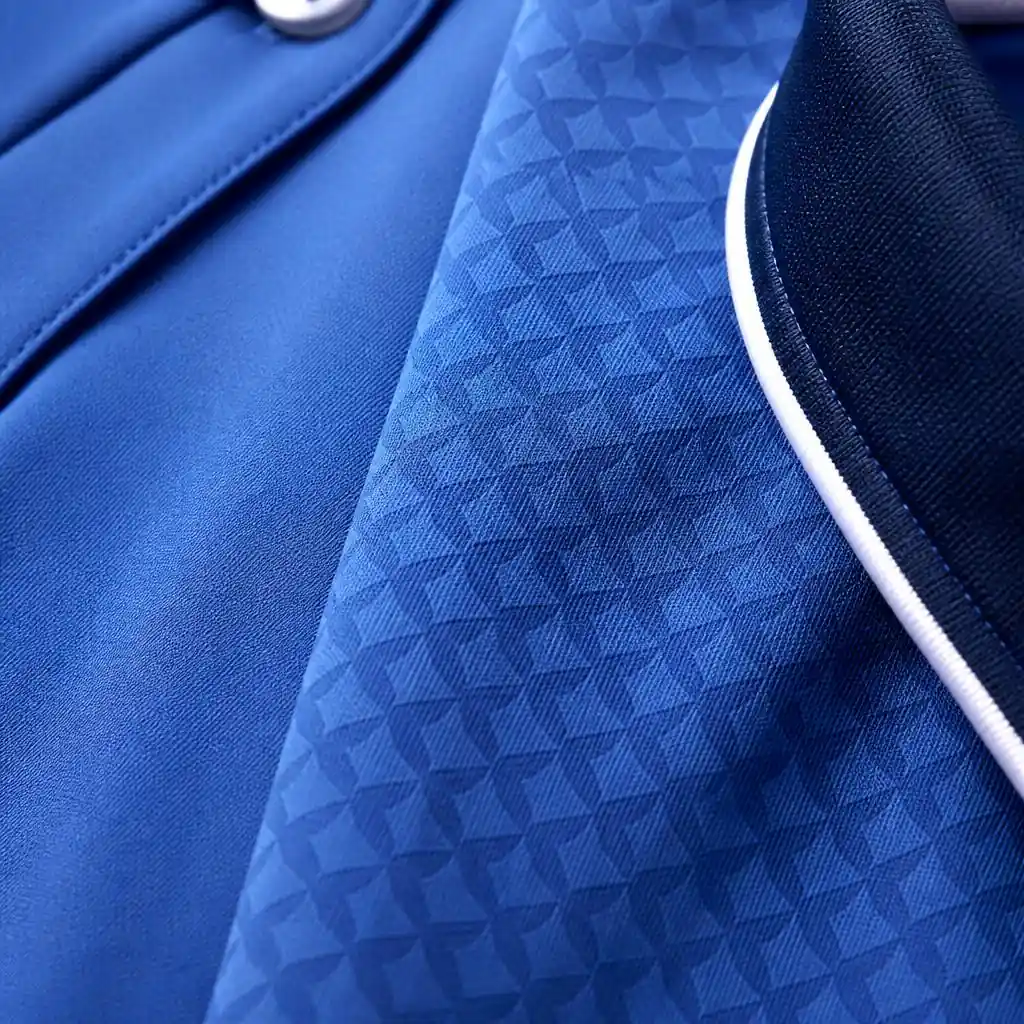 Close-up of the same brand blue applied to solid fabric, tonal pattern, and contrast trim.