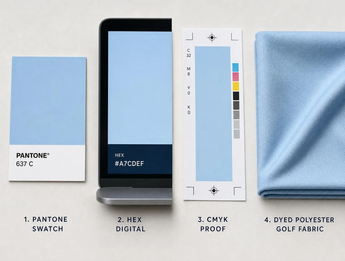 Labeled comparison of Pantone swatch, HEX value on screen, CMYK print sample, and dyed performance fabric.