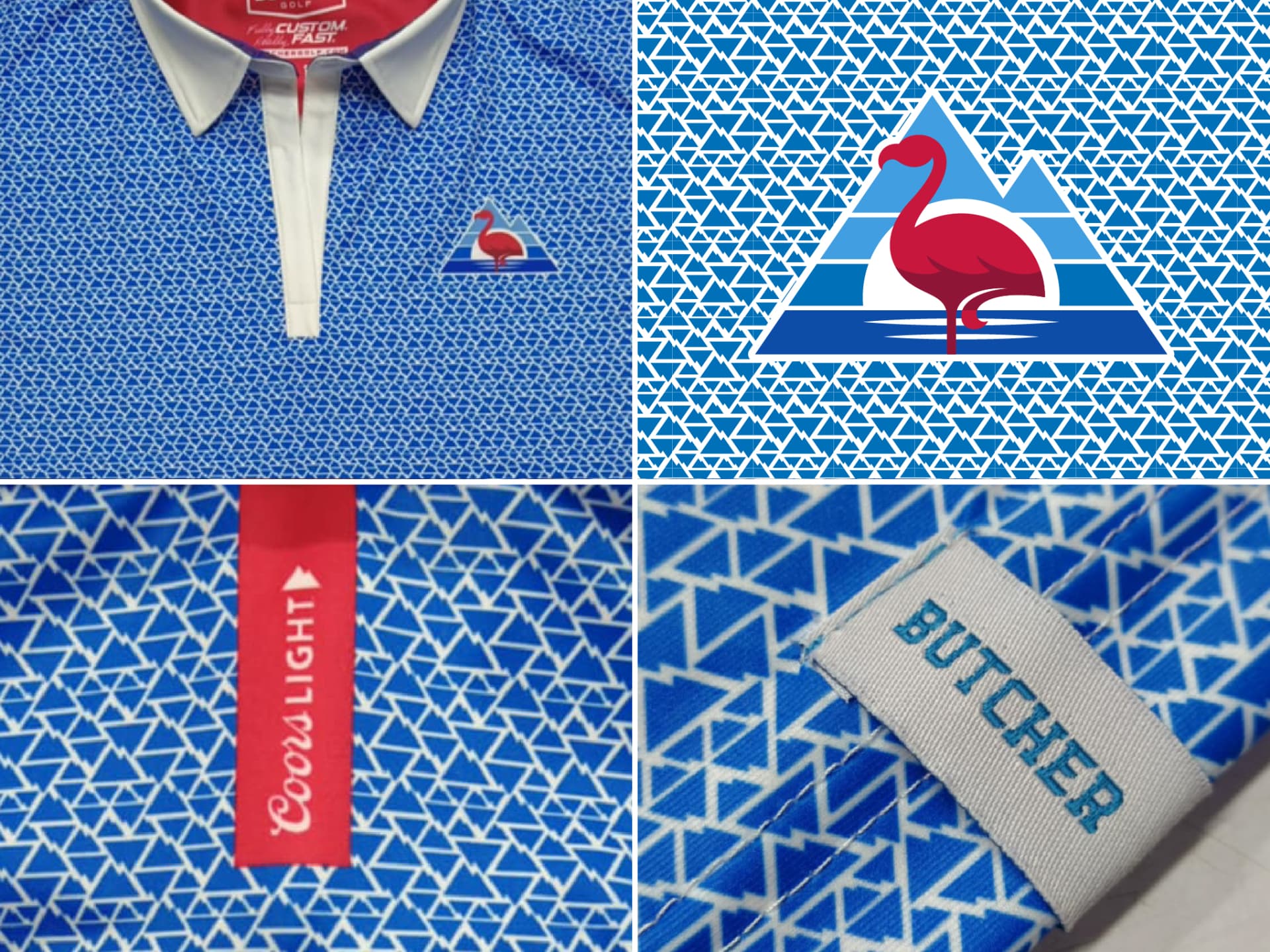 Close-up brand details on a custom polo: tight triangle repeat pattern, white collar and placket, and a red back-neck brandmark.