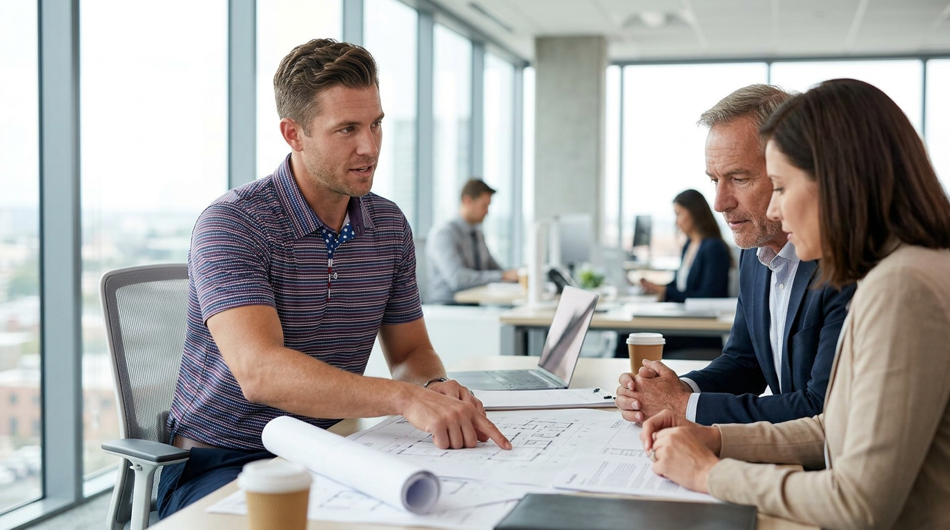 Sales representative in a fully custom branded performance polo reviewing plans with two clients at a desk.