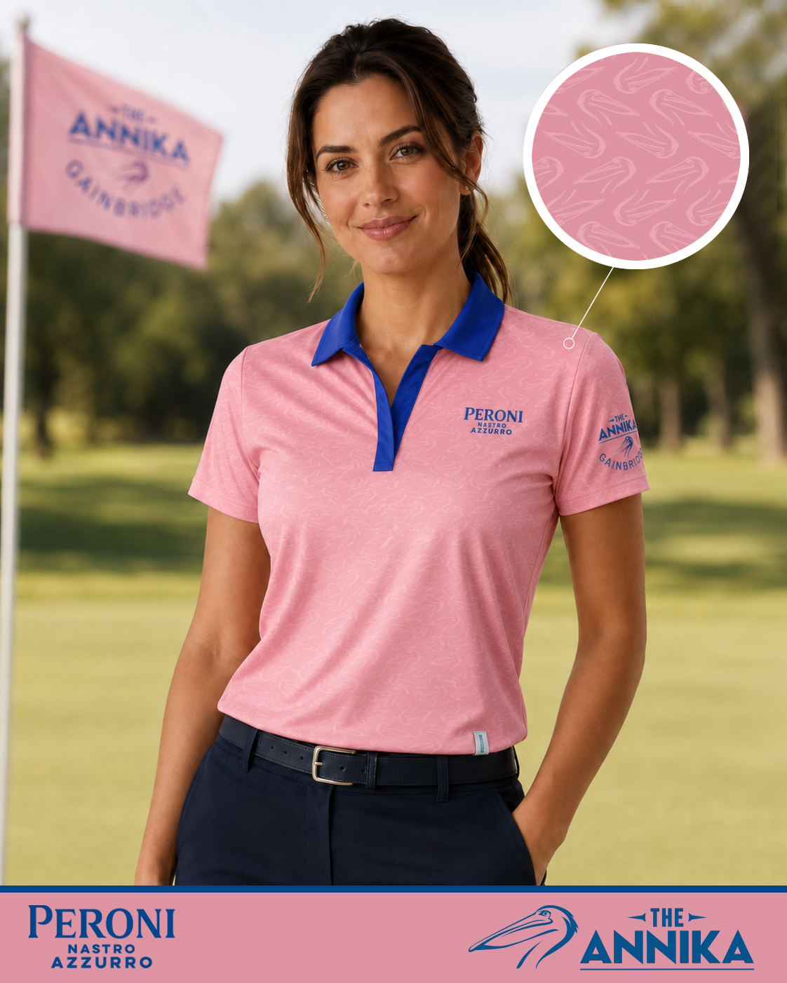 Peroni x The ANNIKA custom women's performance polo with pink pattern and blue v-neck collar