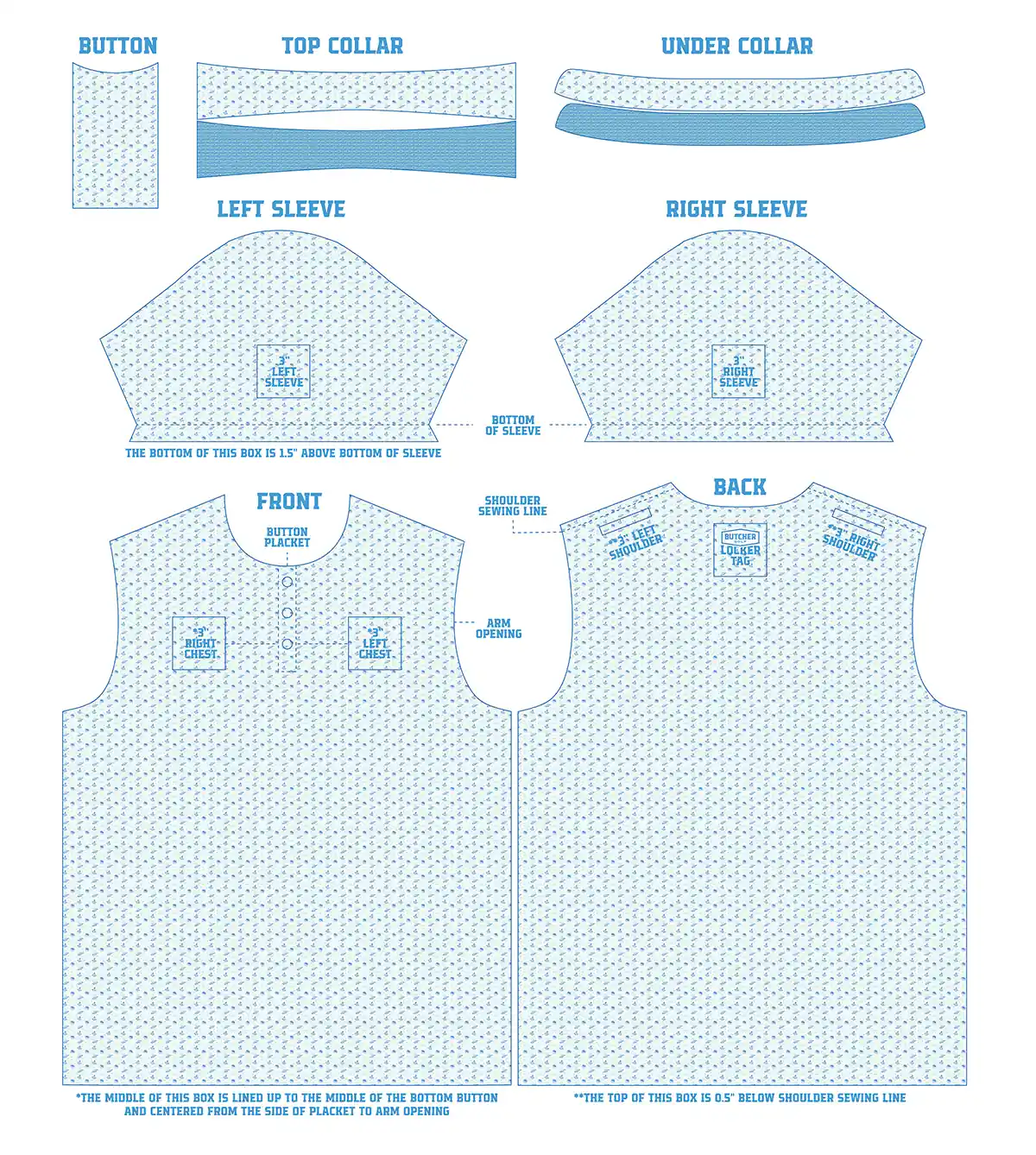 Cut-and-sew panel layout showing a branded tequila pattern applied to the collar, sleeves, front, and back panels of a polo.