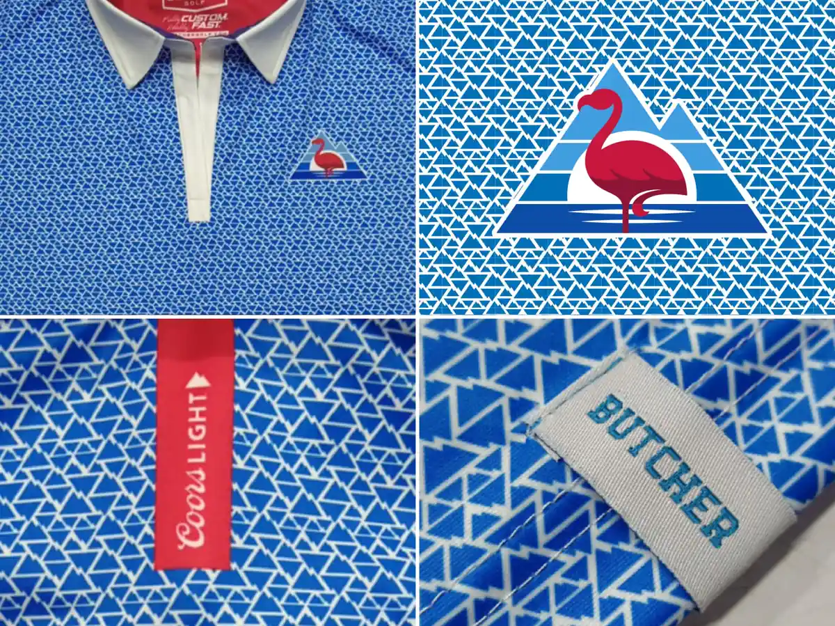 Close-up details of a custom Coors Light polo built for the Molson Coors sales team: blue triangle repeat pattern, white collar and placket, flamingo mountain logo, and a red back-neck brandmark.