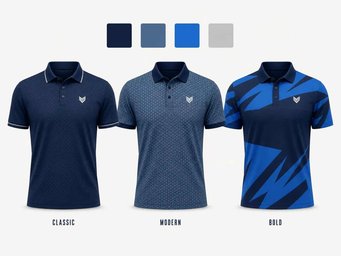 One company palette shown in three polo concepts: classic, modern, and bold.