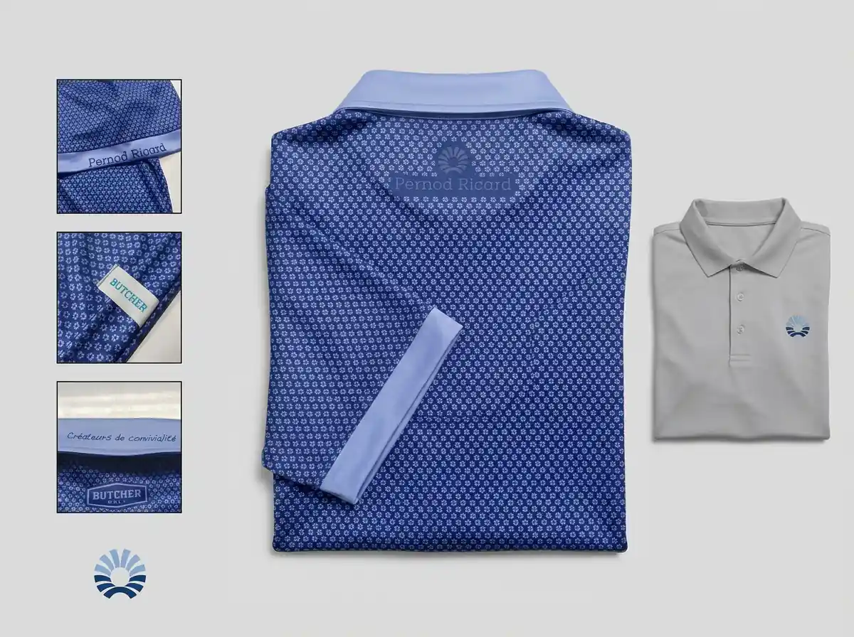 Fully custom cut-and-sew Pernod Ricard polo with all-over pattern and contrast collar beside a solid stock blank with a small embroidered chest logo, with detail crops of the cuff, woven label and collar script.