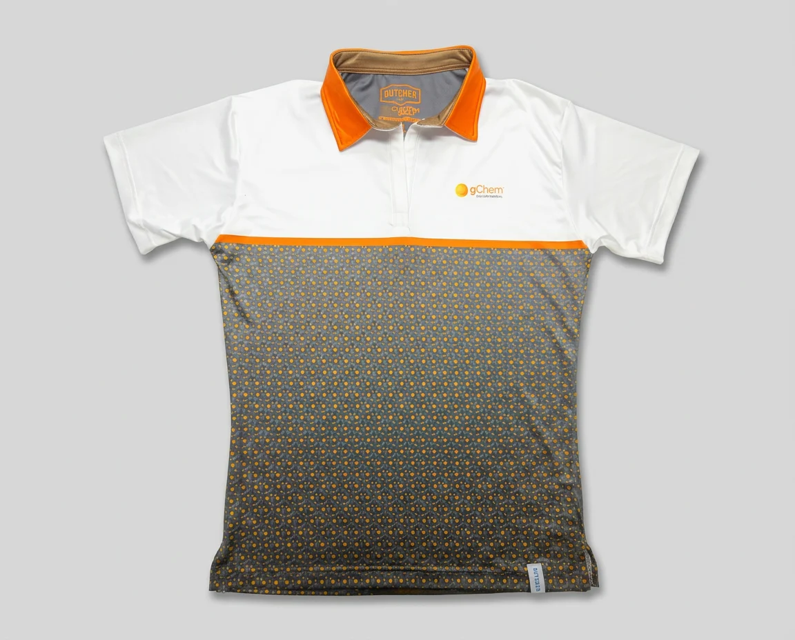Custom company polo logo pattern and performance fabric detail