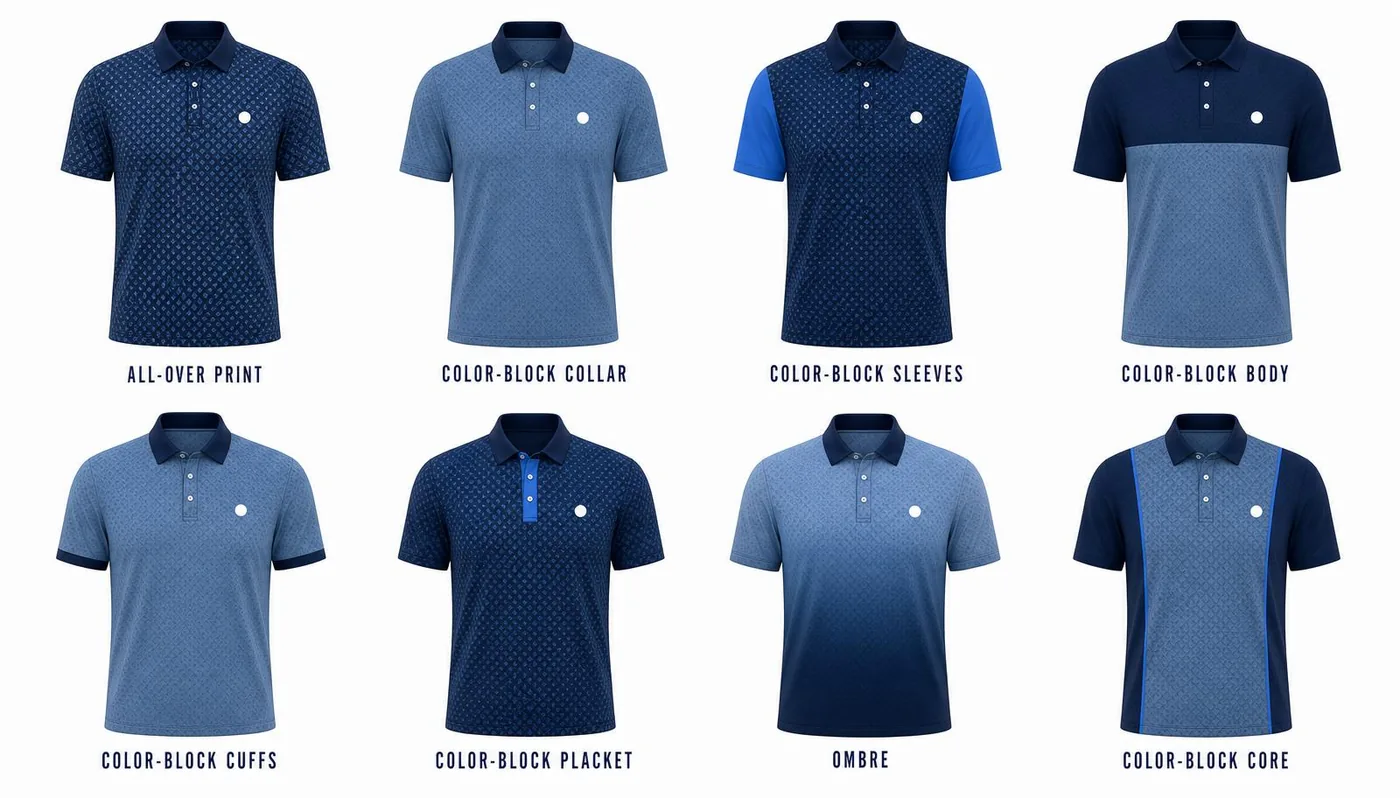 Eight labeled polo treatments: all-over print, color-block collar, color-block sleeves, color-block body, color-block cuffs, color-block placket, ombré, and color-block core.
