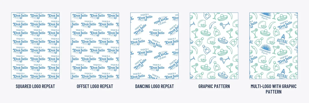 Five labeled swatches: squared logo repeat, offset logo repeat, dancing logo repeat, graphic pattern, and multi-logo with graphic pattern.