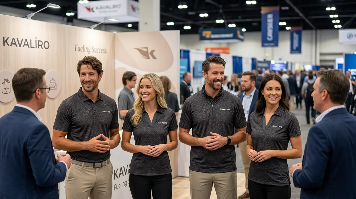 Company team in matching custom employee uniform polos staffing a trade show booth
