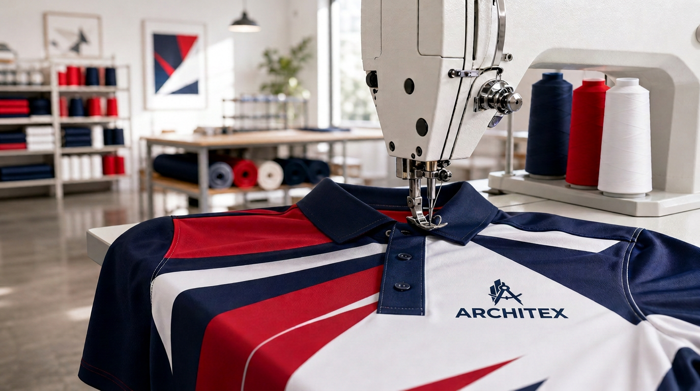 Custom dye-sublimated polo being sewn in a clean boutique production workshop