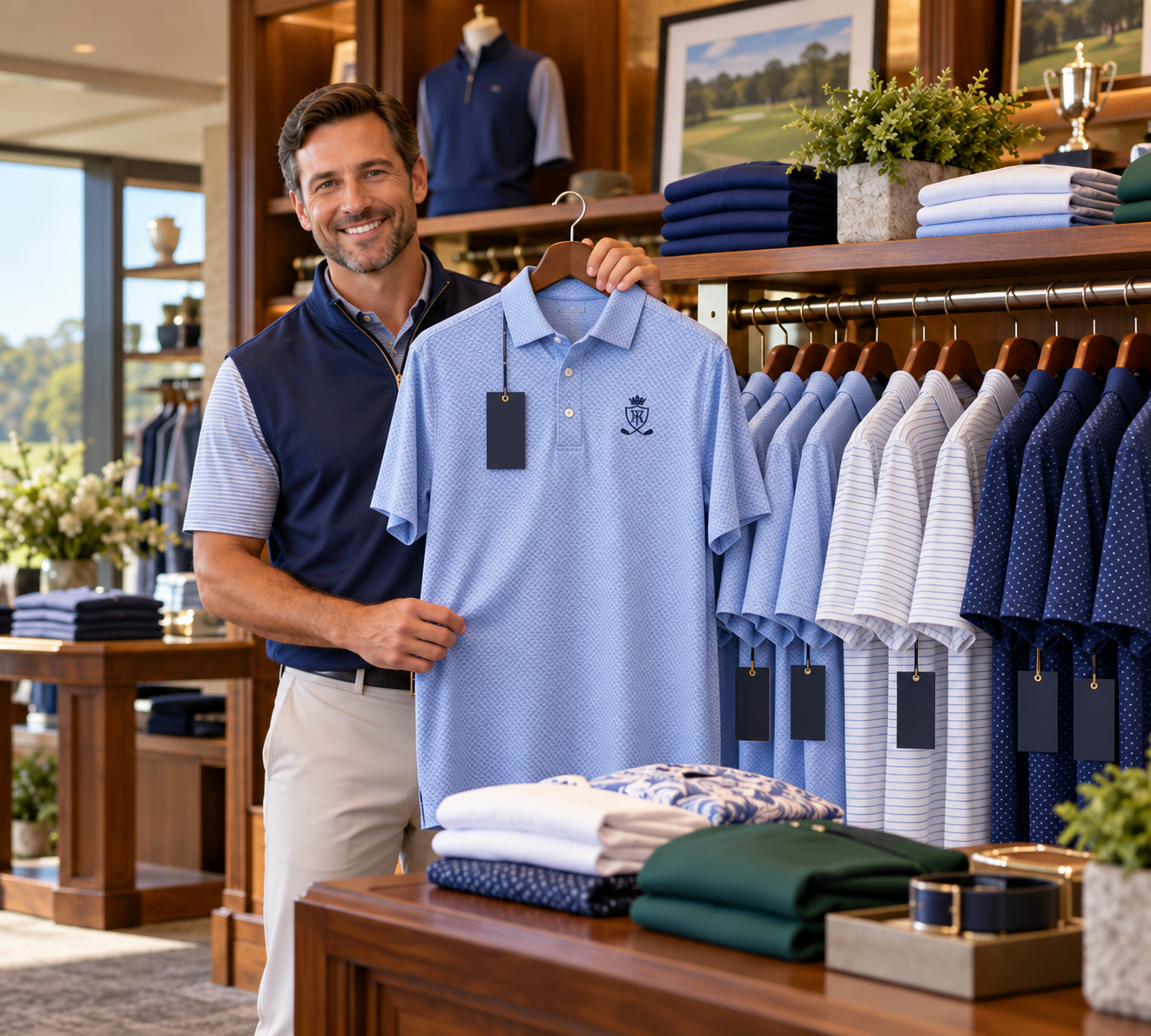 A golf pro shop apparel display with patterned polos and a man holding a light-blue polo