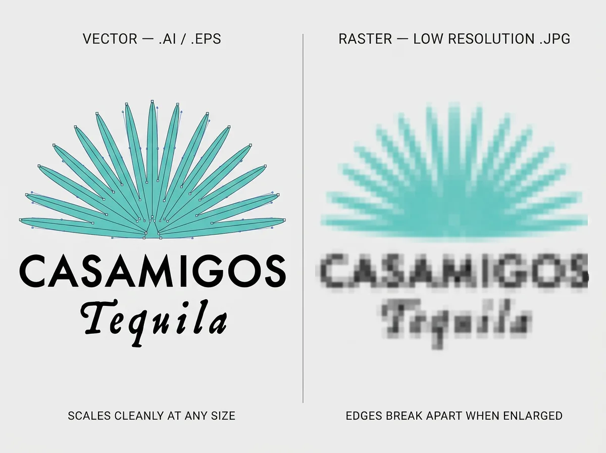 Side-by-side comparison: a vector logo with visible pen-tool paths and sharp edges beside the same logo as a low-resolution raster file with pixelated, fuzzy edges.