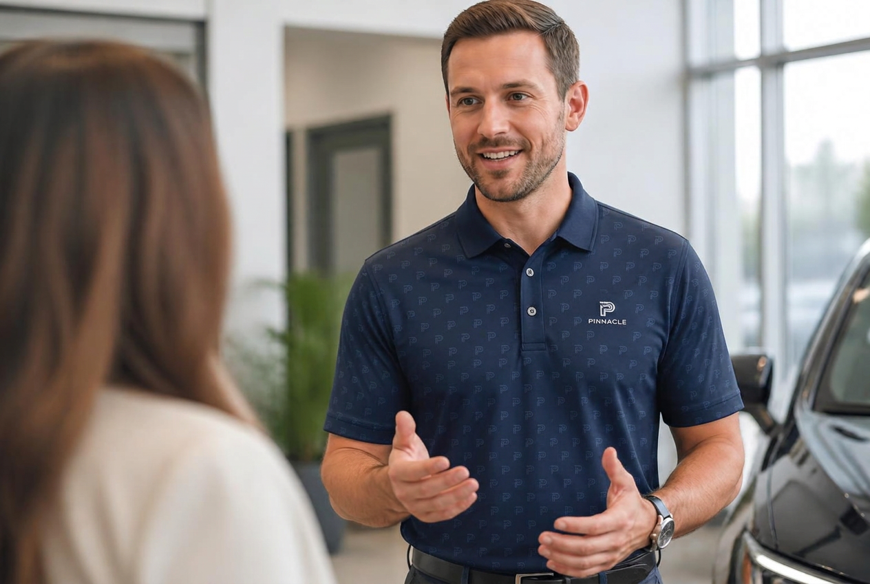 Business professional wearing a custom branded company polo with a tonal logo pattern while speaking with a customer