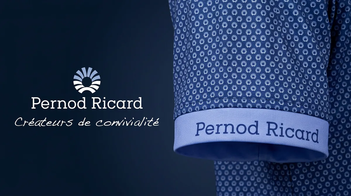 Close-up of a cut-and-sew Pernod Ricard golf polo sleeve with an all-over navy pattern and periwinkle contrast cuff printed with the Pernod Ricard name, beside the Pernod Ricard sun logo.
