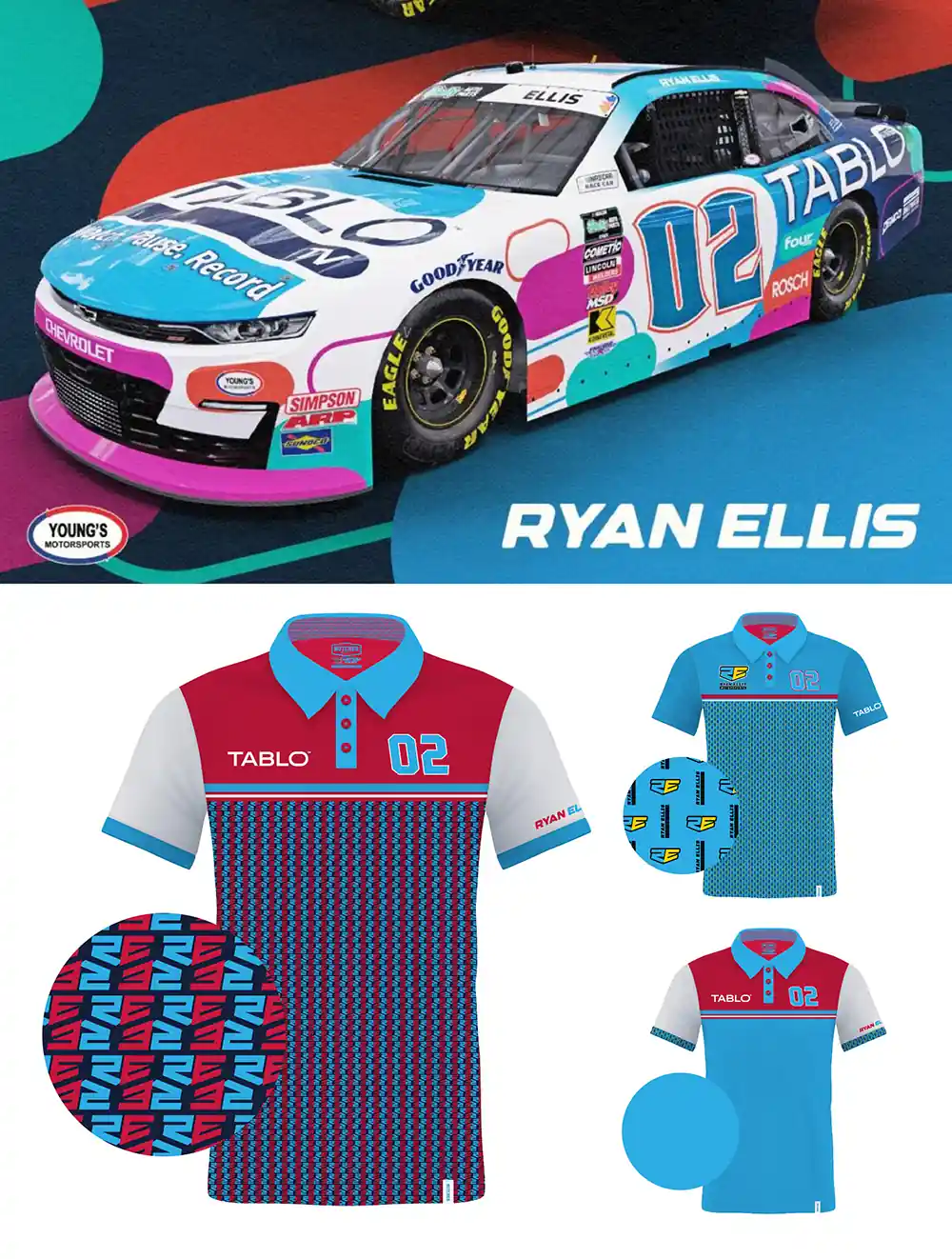 Ryan Ellis Tablo TV NASCAR livery above three matching fully custom polo designs showing a tonal RE logo repeat pattern, color-blocked red, white, and blue panels, and pattern-lined collars and cuffs.