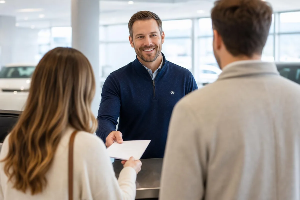Car rental agent in a branded performance polo assisting customers at a rental counter.