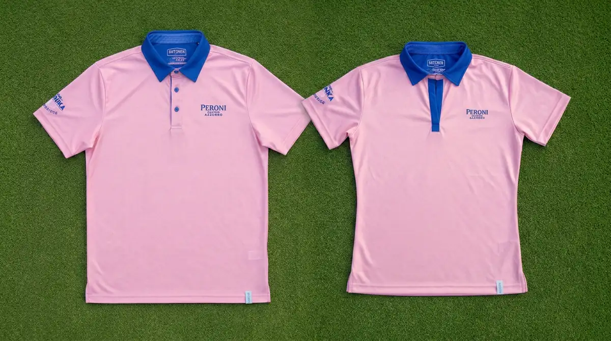 Coordinated men's and women's fully custom performance polos shown together.