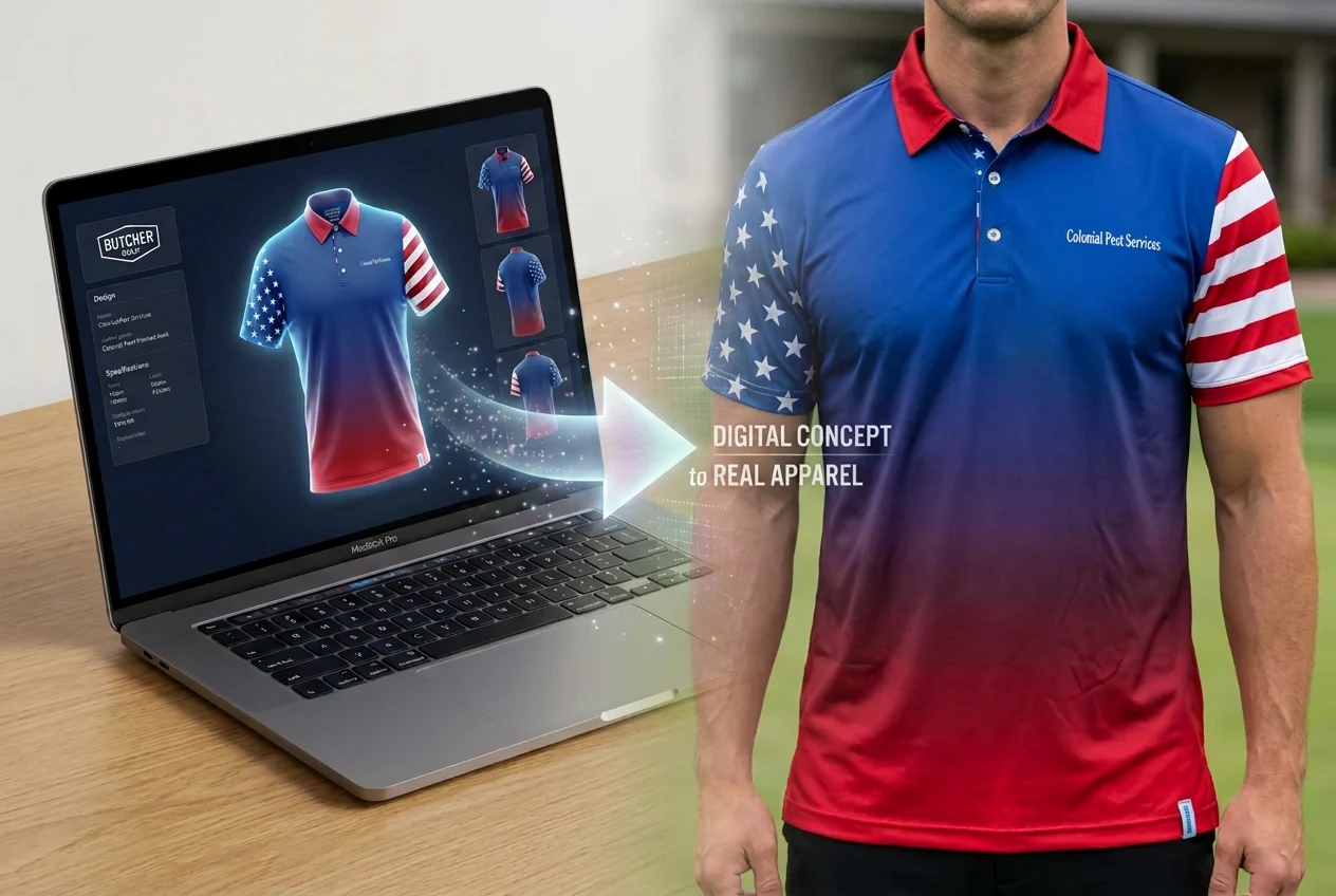 AI-generated American flag polo design on a laptop screen transforming through a glowing arrow into a person wearing the real printed Butcher Golf polo