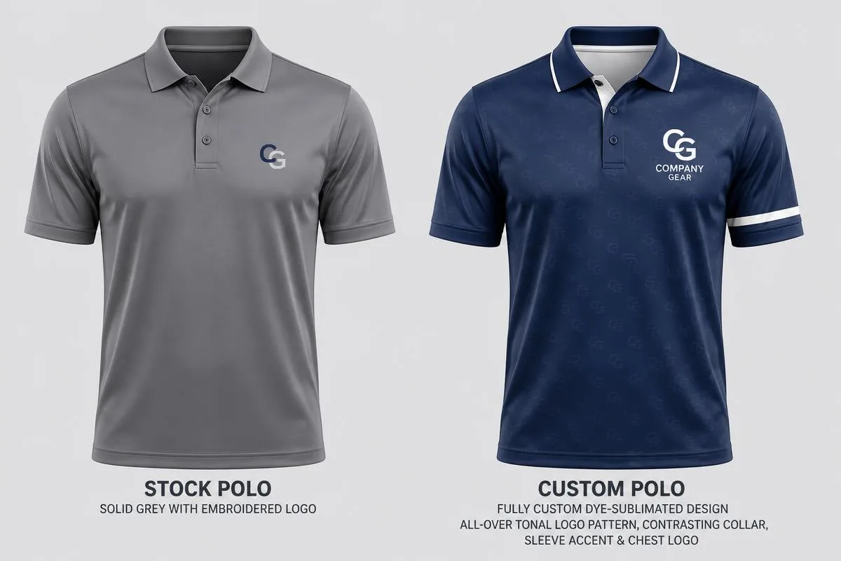 Stock logo polo compared with a fully custom company polo