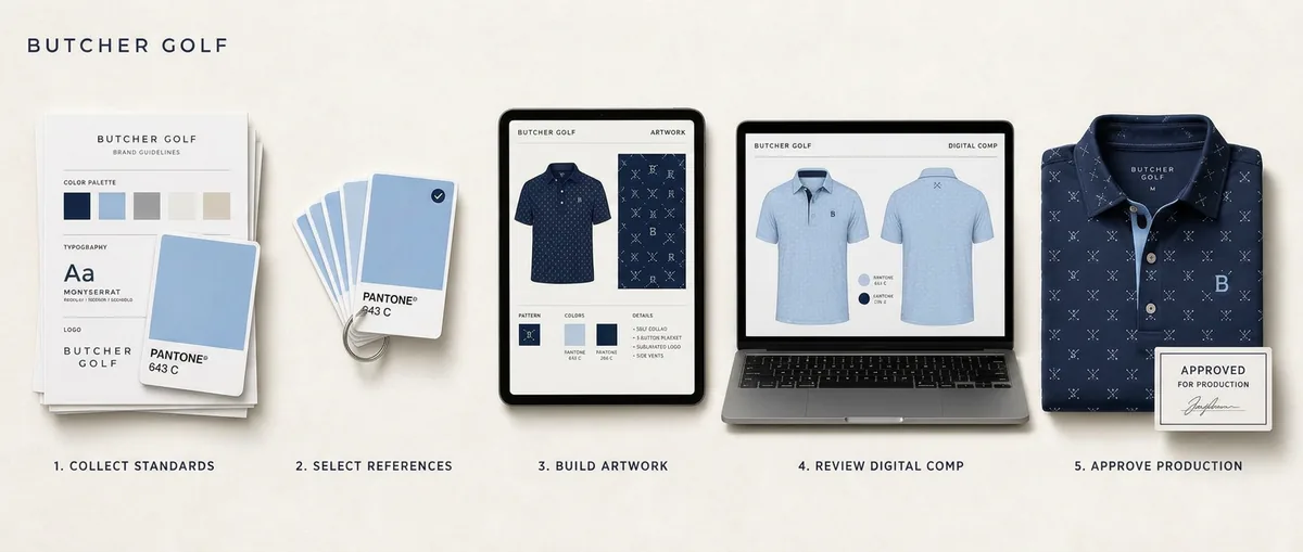 Five-step Butcher Golf color workflow flat lay: brand standards and Pantone card, selected color references, tablet artwork layout, laptop digital comp, and an approved folded custom polo.