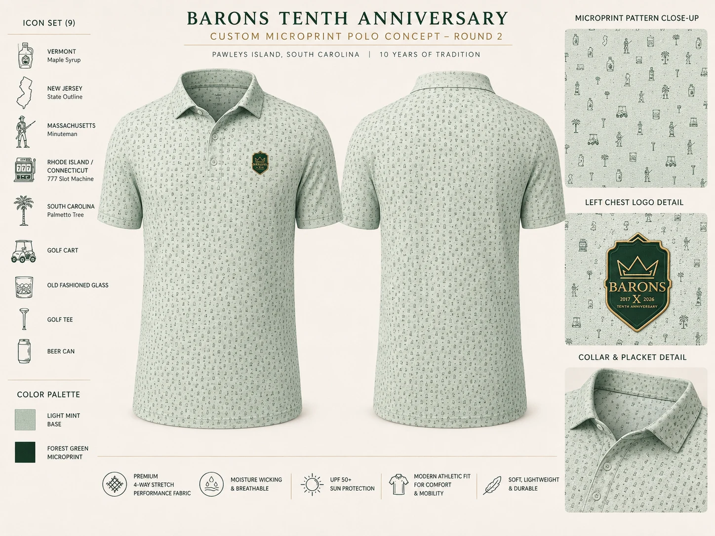 Customer-supplied AI design comp for a Barons tenth anniversary microprint polo, showing front and back views, an icon set, color palette, and pattern, logo, and collar detail callouts.