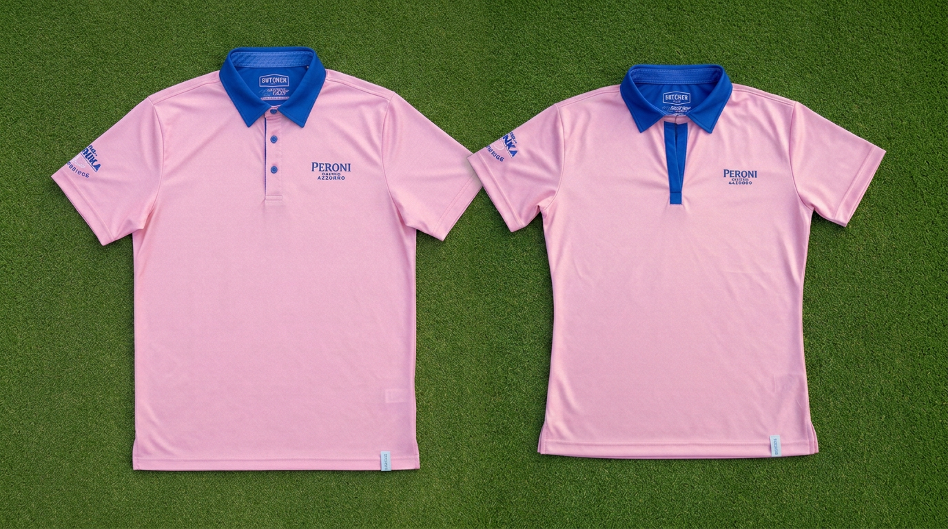 Peroni custom men’s three-button polo and women’s buttonless V-neck polo on putting-green grass