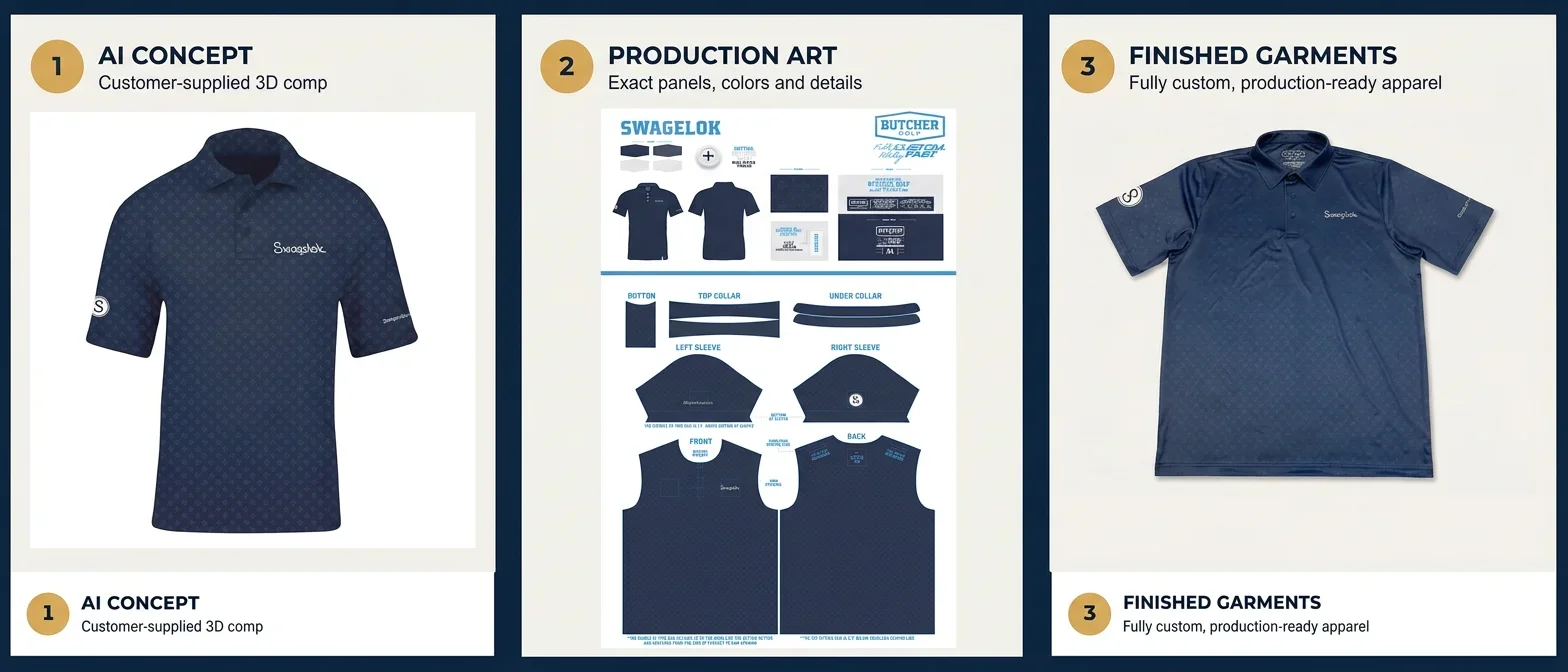 AI-generated Swagelok polo concept transformed into Butcher Golf production artwork and the finished custom polo garment.