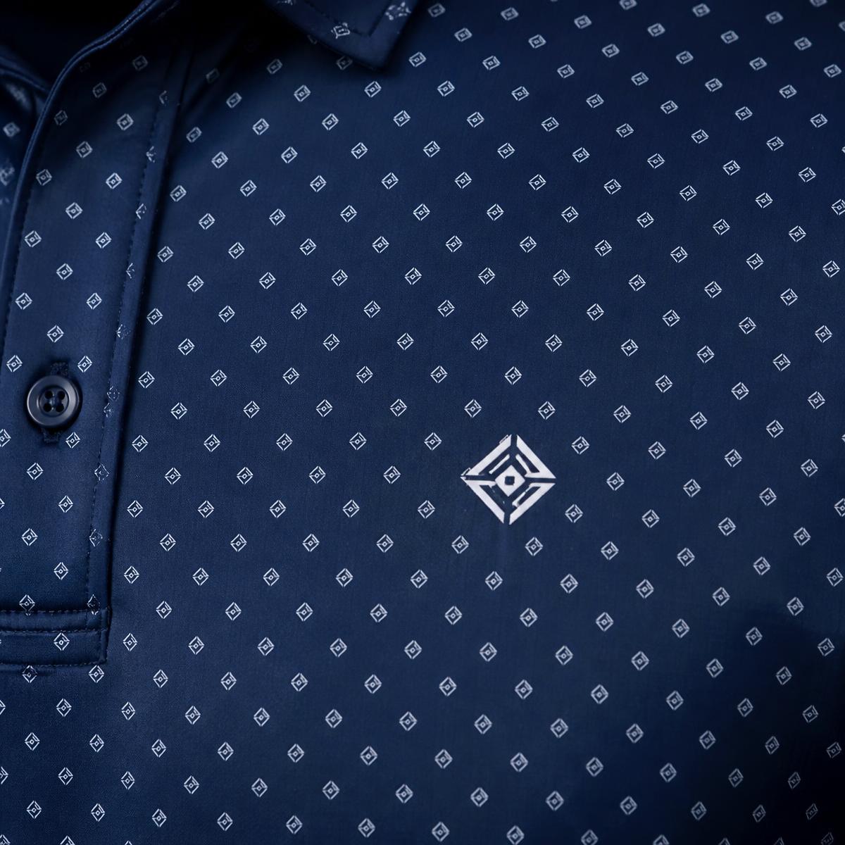 Tasteful pattern and chest-logo close-up on a finished custom corporate polo.