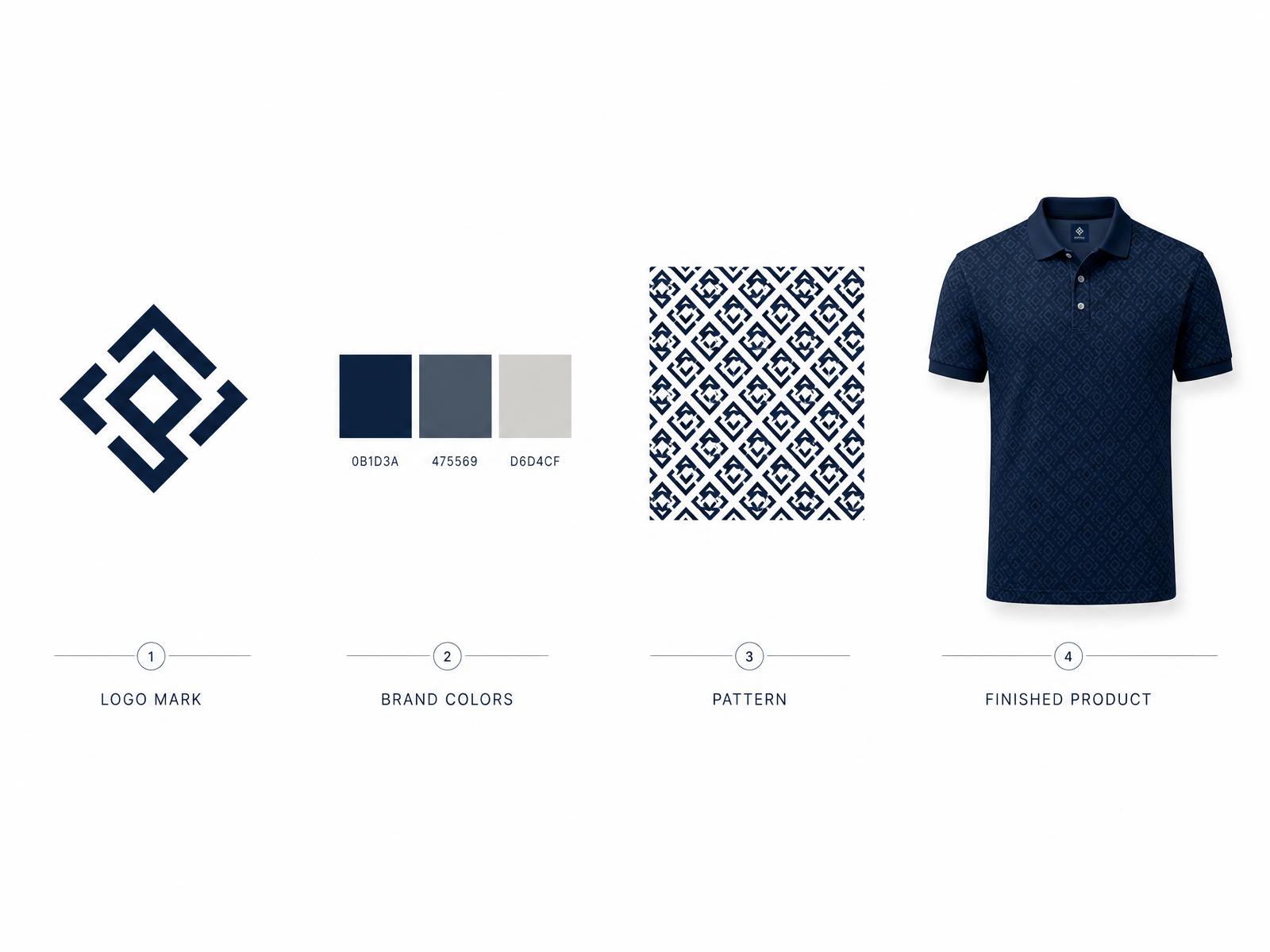 Brand translation diagram: logo and brand colors becoming a repeat pattern, garment panels, trim, and a finished polo.