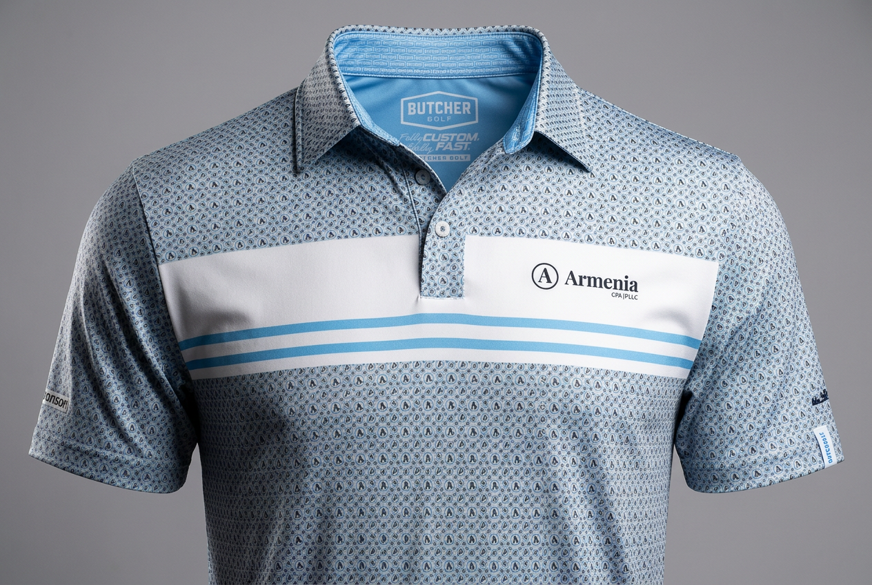 Custom golf tournament polo with branded pattern and sponsor logo details