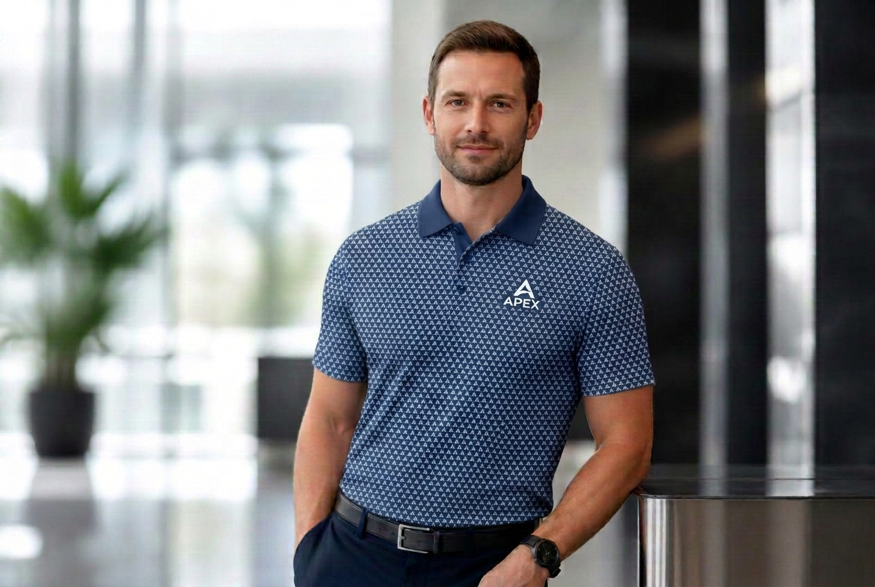 Business professional wearing a fully custom cut-and-sew performance polo