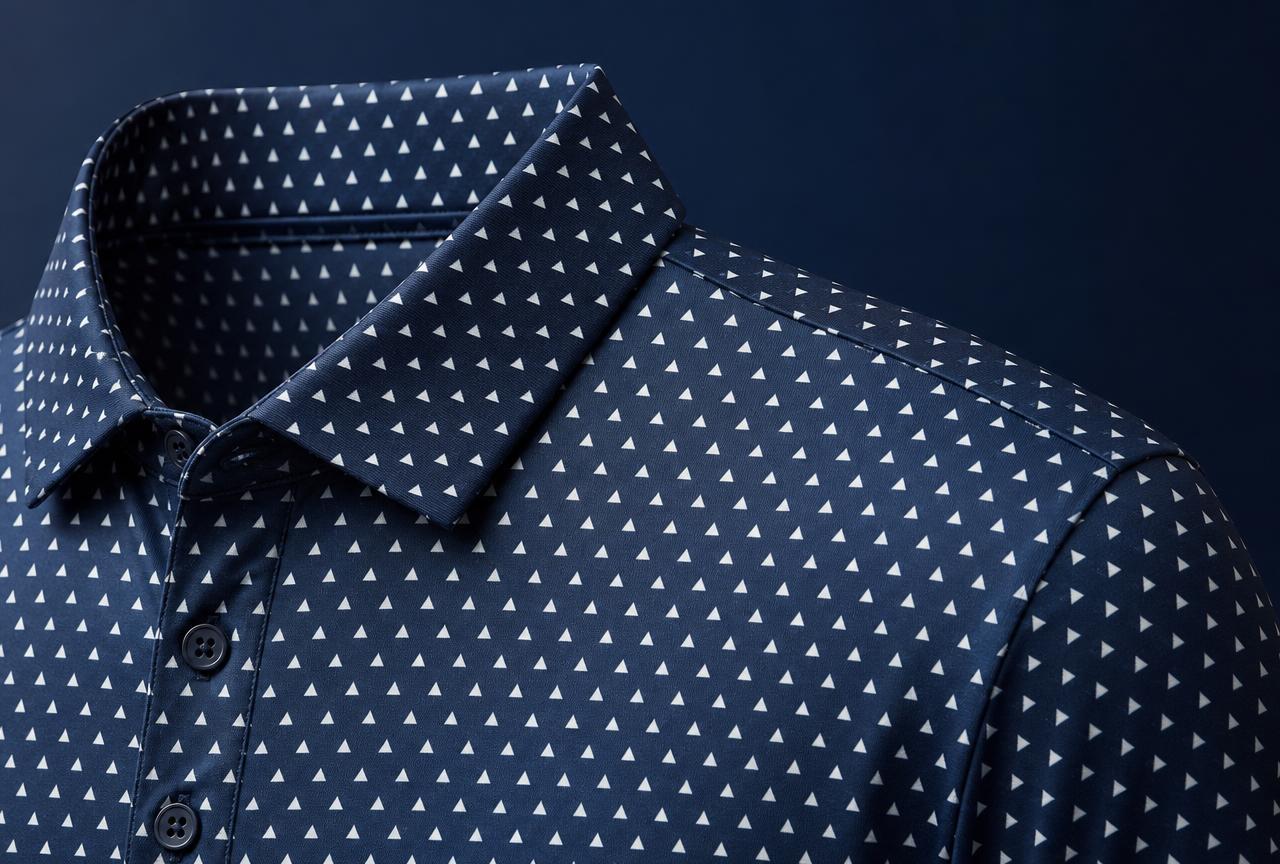 Close-up of a custom pattern printed into performance polo fabric