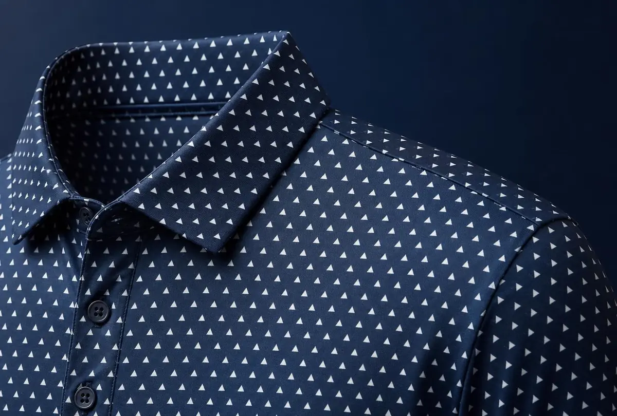 Close-up of a custom pattern printed into performance polo fabric