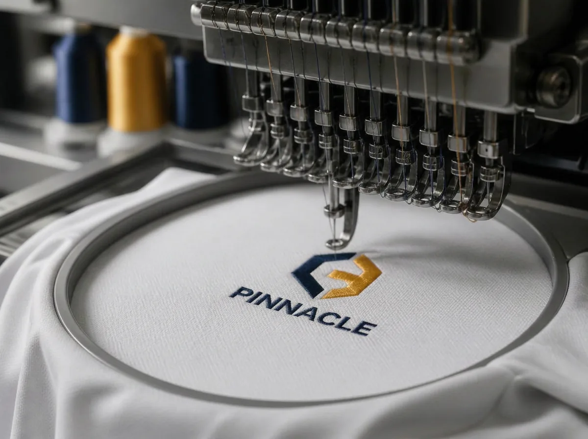Commercial multi-needle embroidery machine stitching a navy and gold corporate logo onto a white polo held in a hoop, with raised thread texture visible.