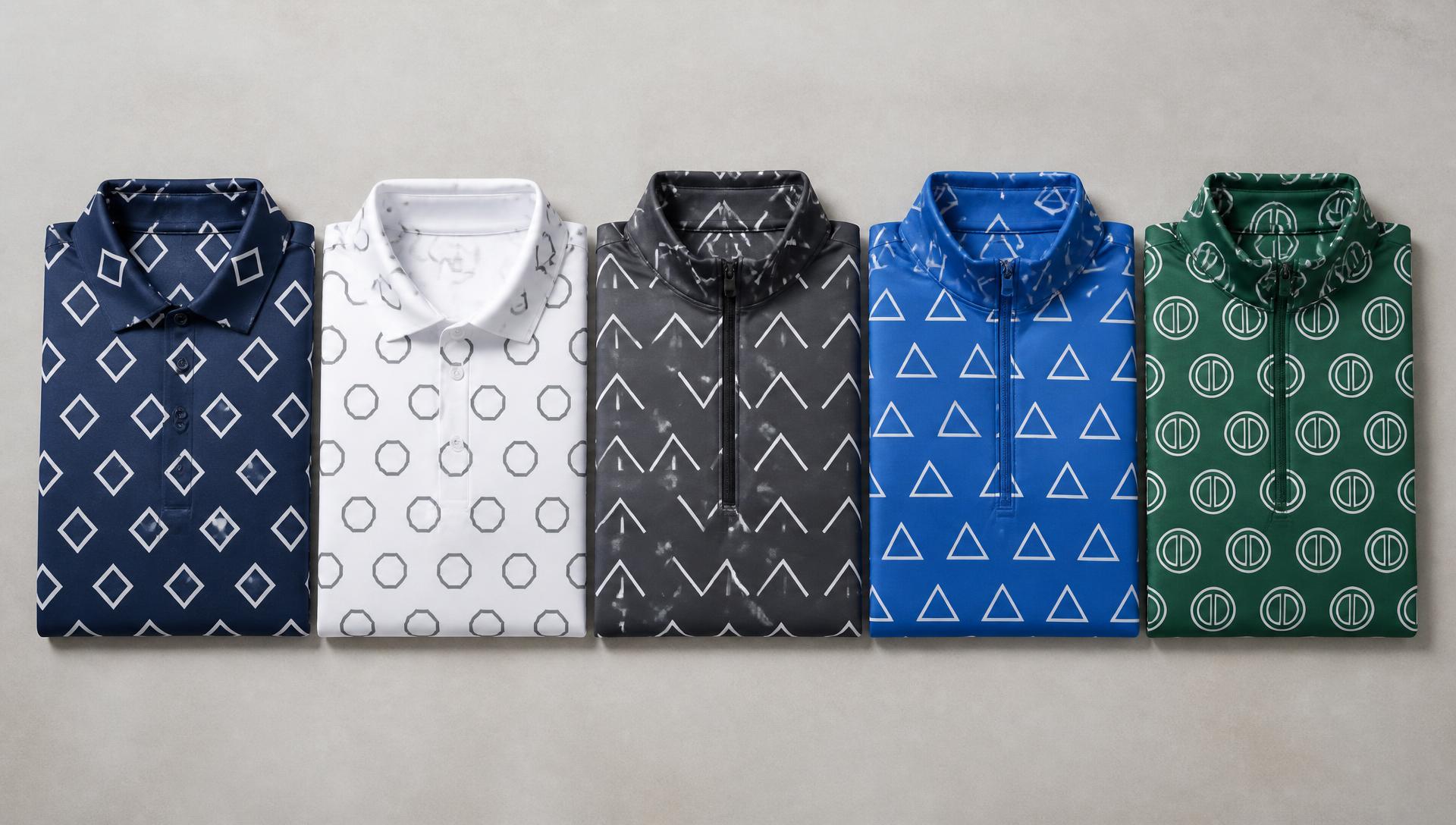 Five custom performance polos and quarter-zips, each with a different repeating brand logo pattern