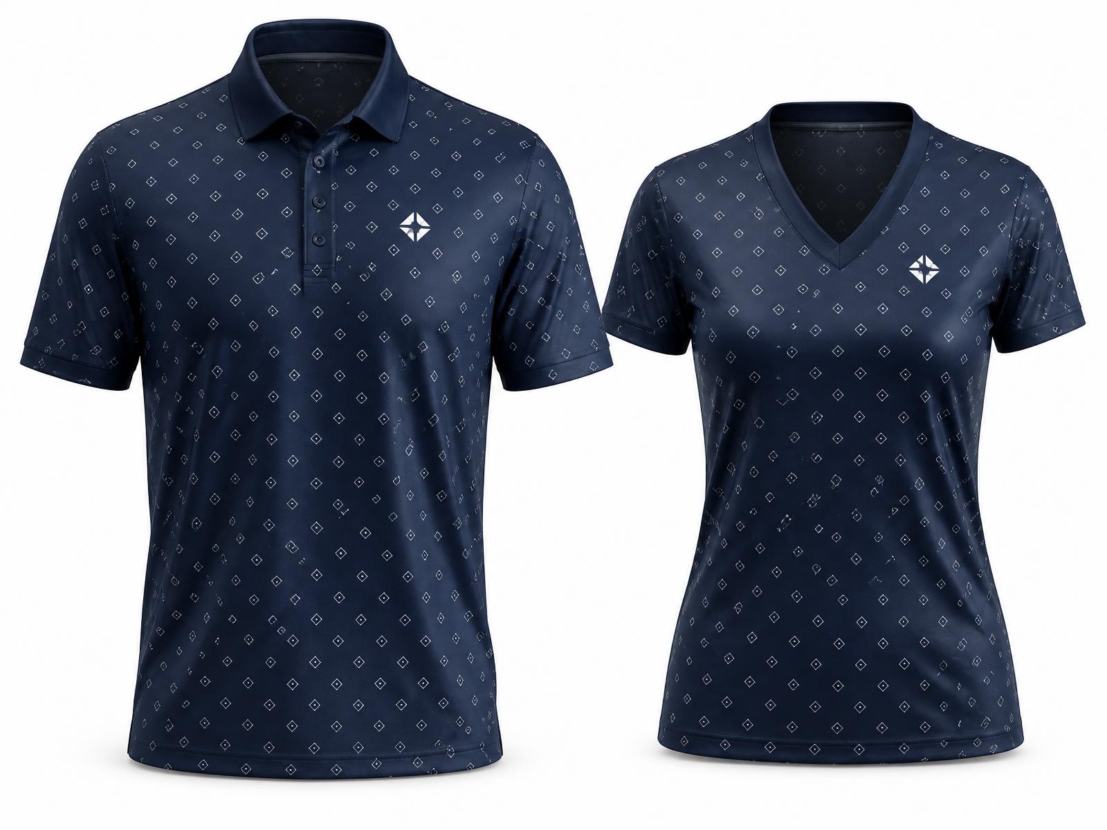Side-by-side men's three-button polo and women's buttonless V-neck polo in the same custom brand design.