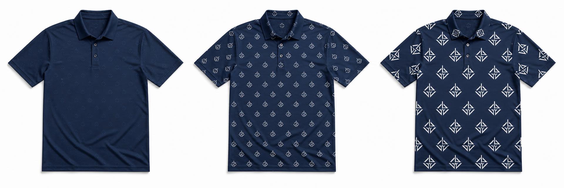Three-up visual showing subtle, medium, and bold versions of the same branded pattern on a polo.