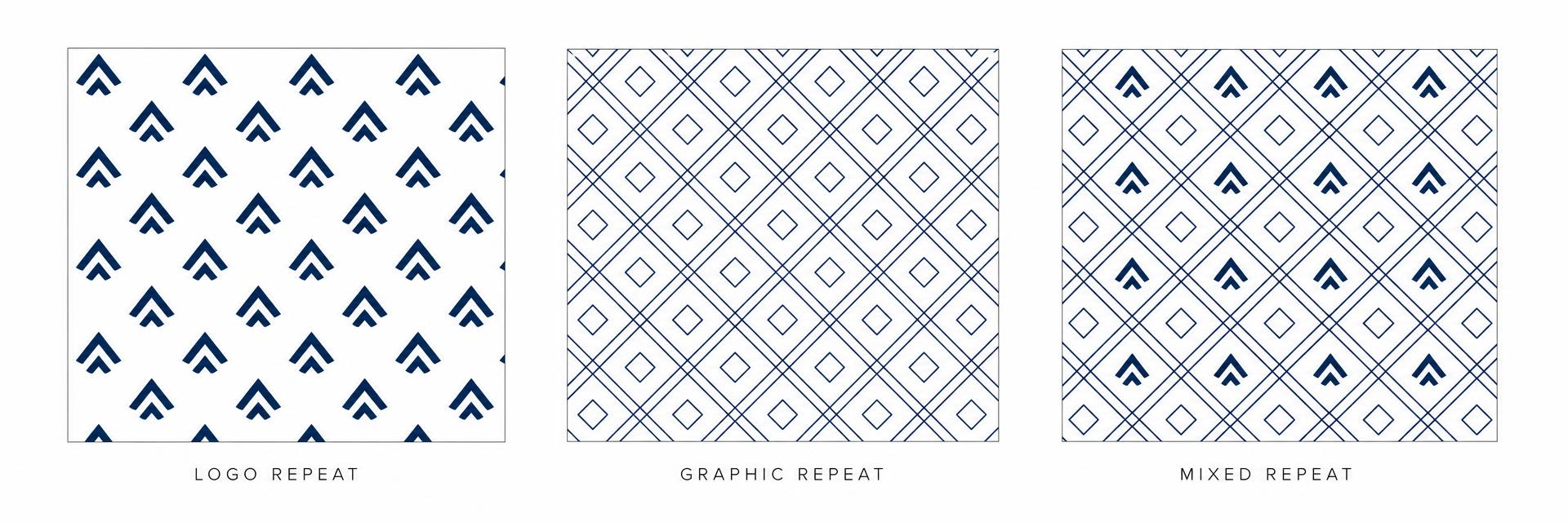 Three pattern options shown side by side: a logo pattern, a graphic pattern, and a logo-plus-graphic mix.