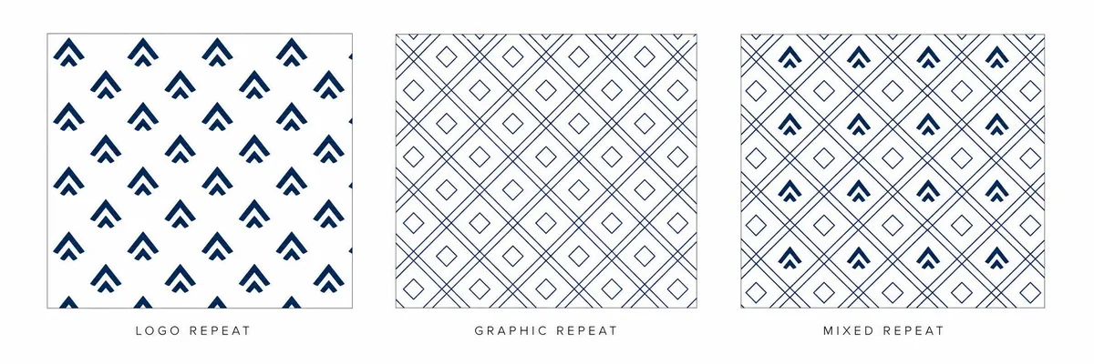 Three pattern options shown side by side: a logo pattern, a graphic pattern, and a logo-plus-graphic mix.