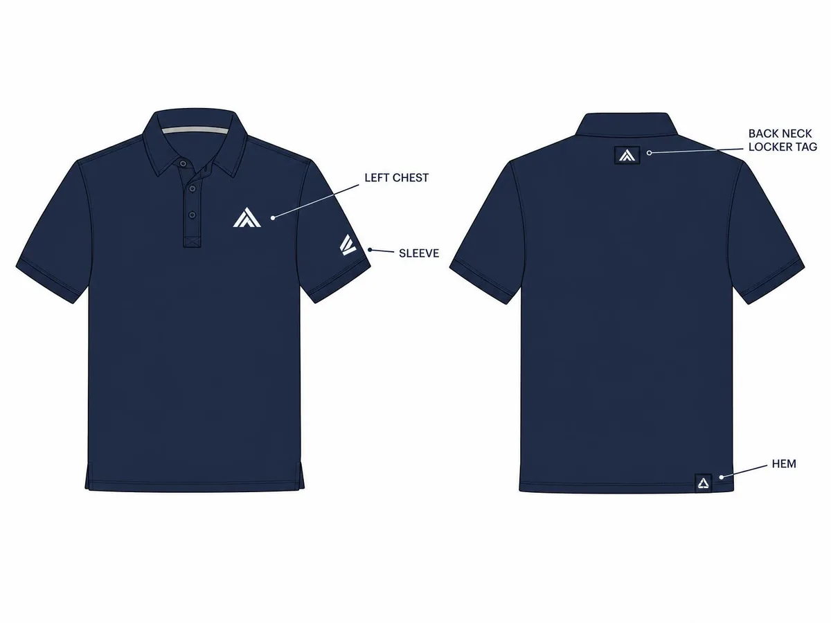 Polo map showing possible logo placements on the front and back of the garment.