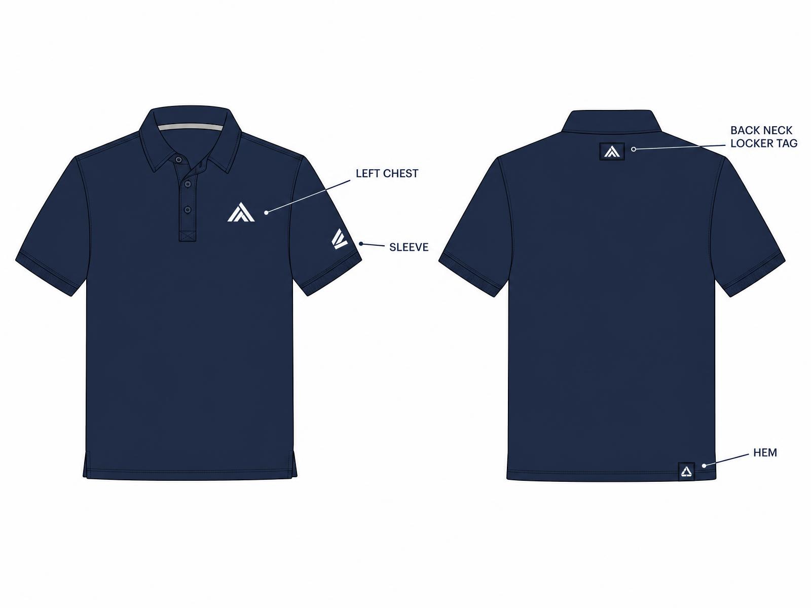 Polo map showing possible logo placements on the front and back of the garment.