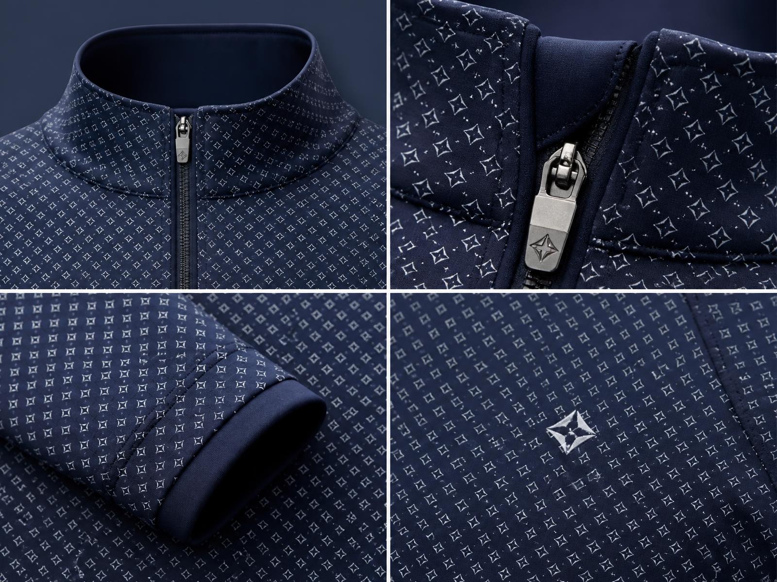 Design detail close-ups of a custom quarter-zip: collar, zipper, sleeve, pattern, and logo.