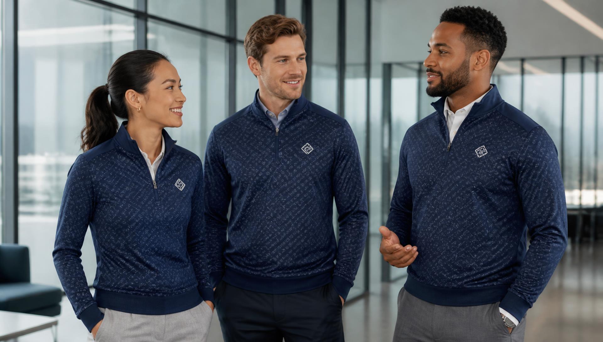 Professional team wearing premium custom quarter-zips in a workplace or event setting.