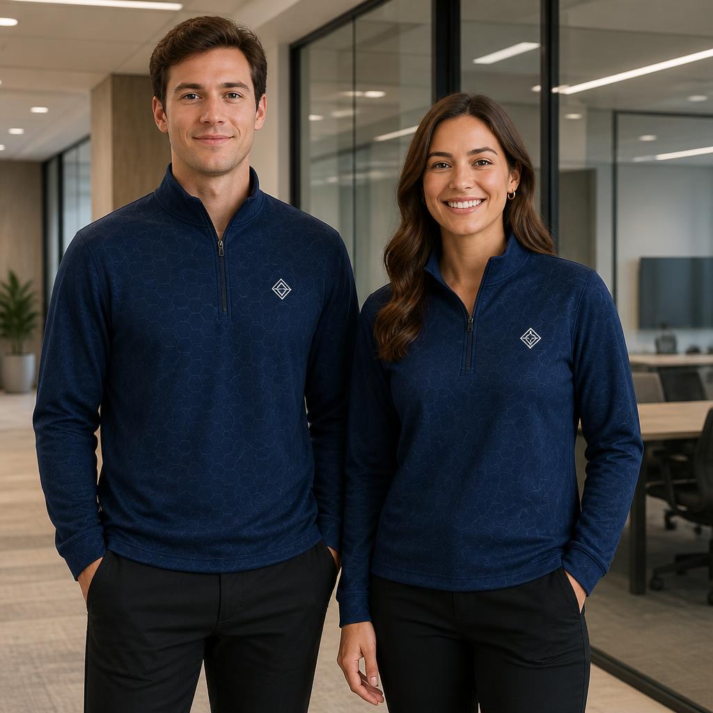 Professional team wearing premium custom quarter-zips in a workplace or event setting.